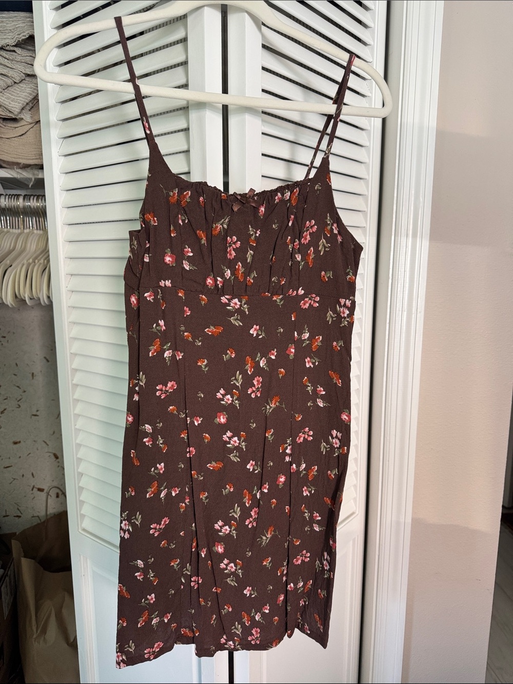 Brown Floral Spaghetti-Strap Babydoll Mini Dress